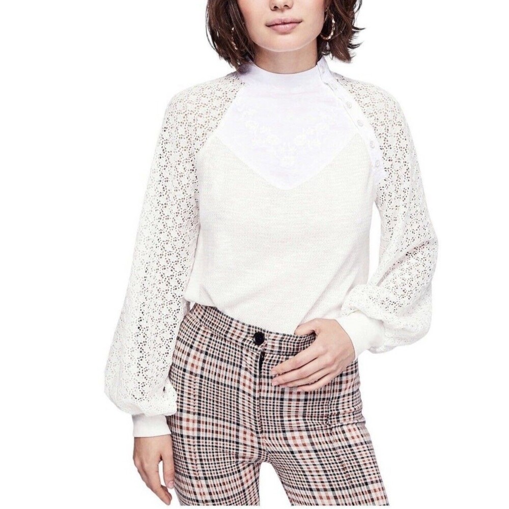Free People Sweetest Thing White Lace Thermal Top Sz Small Boho Balloon Sleeve